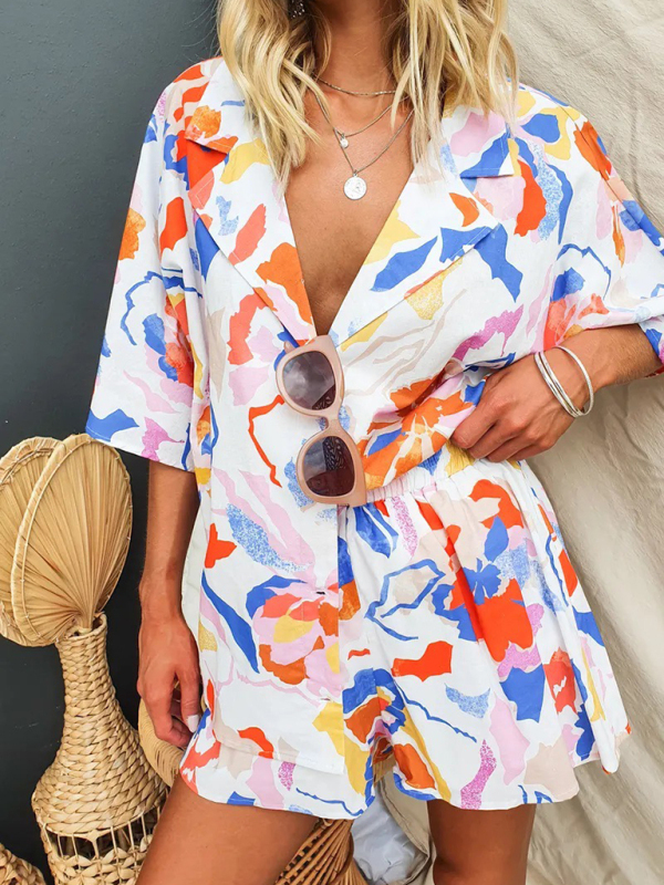 New Lapel Casual Multi-Color Loose Vacation Elastic Waist Shorts Short Sleeve Suit-chiquechics