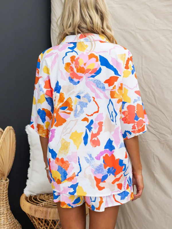 New Lapel Casual Multi-Color Loose Vacation Elastic Waist Shorts Short Sleeve Suit-chiquechics