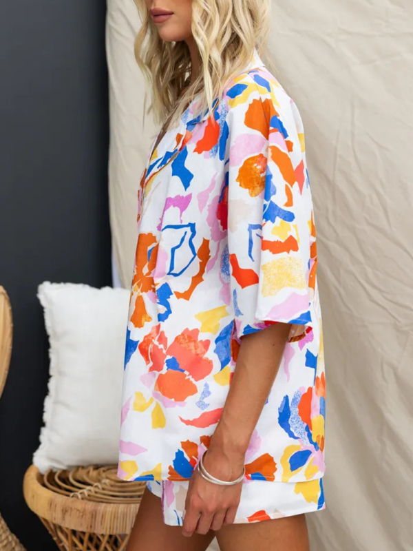 New Lapel Casual Multi-Color Loose Vacation Elastic Waist Shorts Short Sleeve Suit-chiquechics