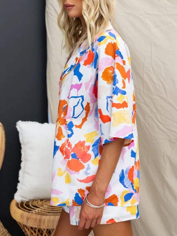 New Lapel Casual Multi-Color Loose Vacation Elastic Waist Shorts Short Sleeve Suit-chiquechics