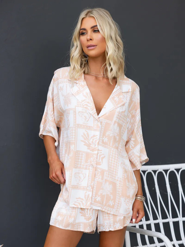 New Lapel Casual Multi-Color Loose Vacation Elastic Waist Shorts Short Sleeve Suit-chiquechics
