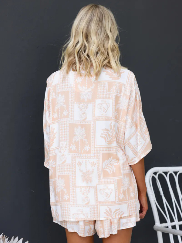 New Lapel Casual Multi-Color Loose Vacation Elastic Waist Shorts Short Sleeve Suit-chiquechics