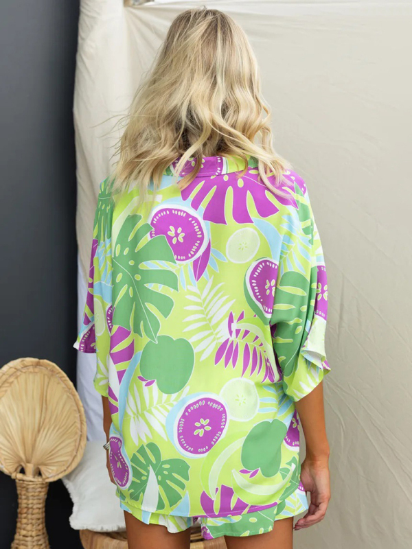 New Lapel Casual Multi-Color Loose Vacation Elastic Waist Shorts Short Sleeve Suit-chiquechics