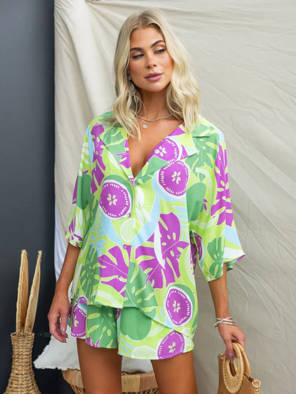 New Lapel Casual Multi-Color Loose Vacation Elastic Waist Shorts Short Sleeve Suit-chiquechics