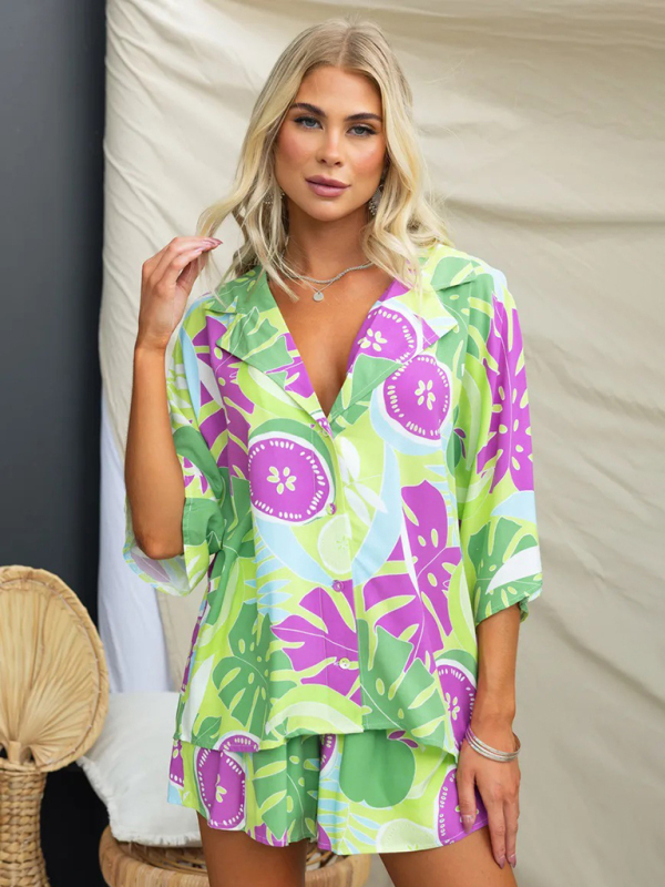 New Lapel Casual Multi-Color Loose Vacation Elastic Waist Shorts Short Sleeve Suit-chiquechics