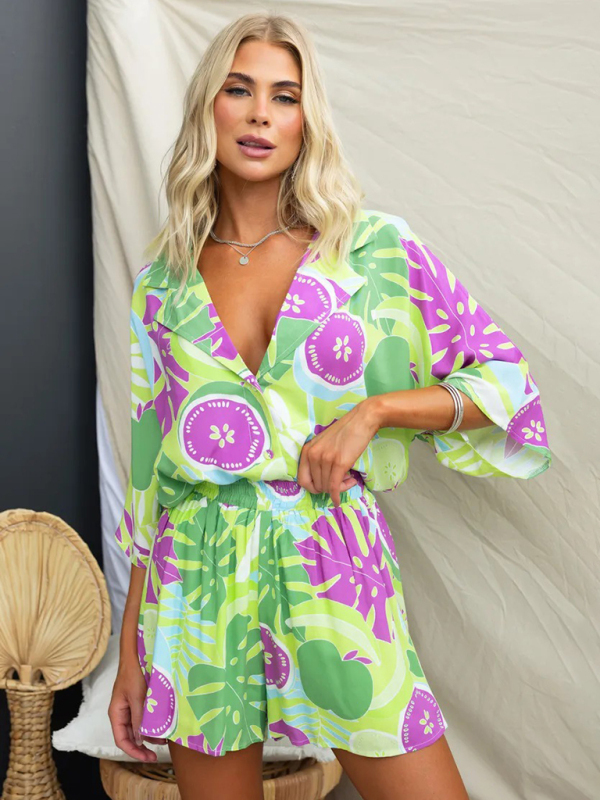 New Lapel Casual Multi-Color Loose Vacation Elastic Waist Shorts Short Sleeve Suit-chiquechics