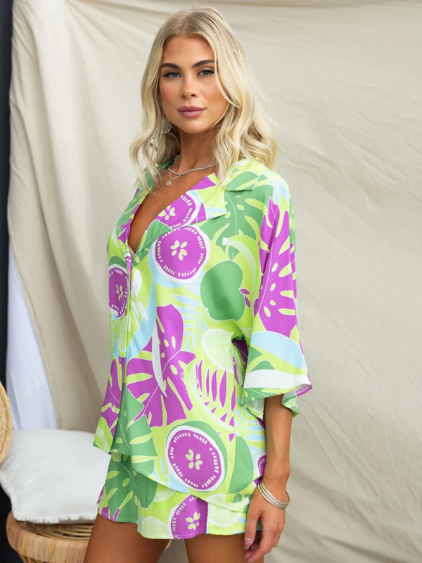 New Lapel Casual Multi-Color Loose Vacation Elastic Waist Shorts Short Sleeve Suit-chiquechics