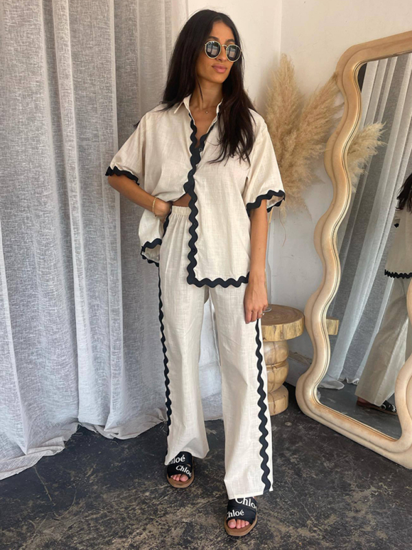New style comfortable and casual single-breasted lace splicing trousers and shirt suit-chiquechics