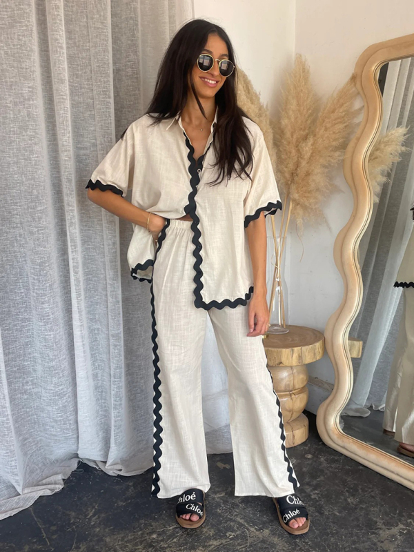 New style comfortable and casual single-breasted lace splicing trousers and shirt suit-chiquechics