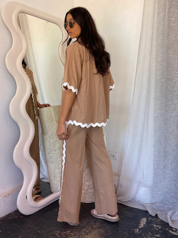 New style comfortable and casual single-breasted lace splicing trousers and shirt suit-chiquechics