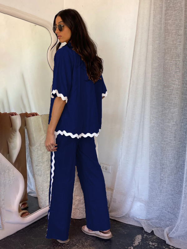 New style comfortable and casual single-breasted lace splicing trousers and shirt suit-chiquechics