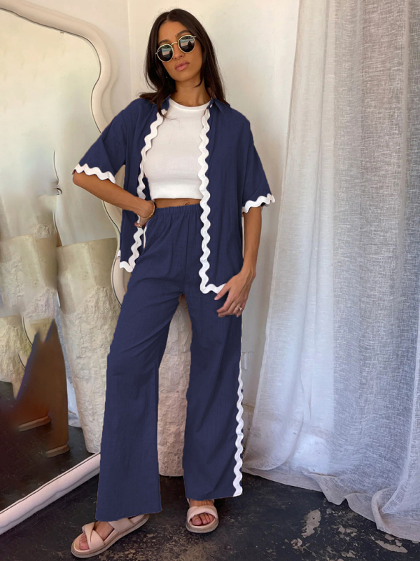 New style comfortable and casual single-breasted lace splicing trousers and shirt suit-chiquechics
