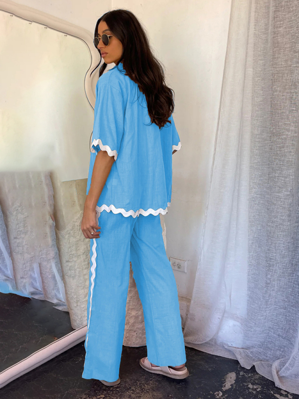 New style comfortable and casual single-breasted lace splicing trousers and shirt suit-chiquechics