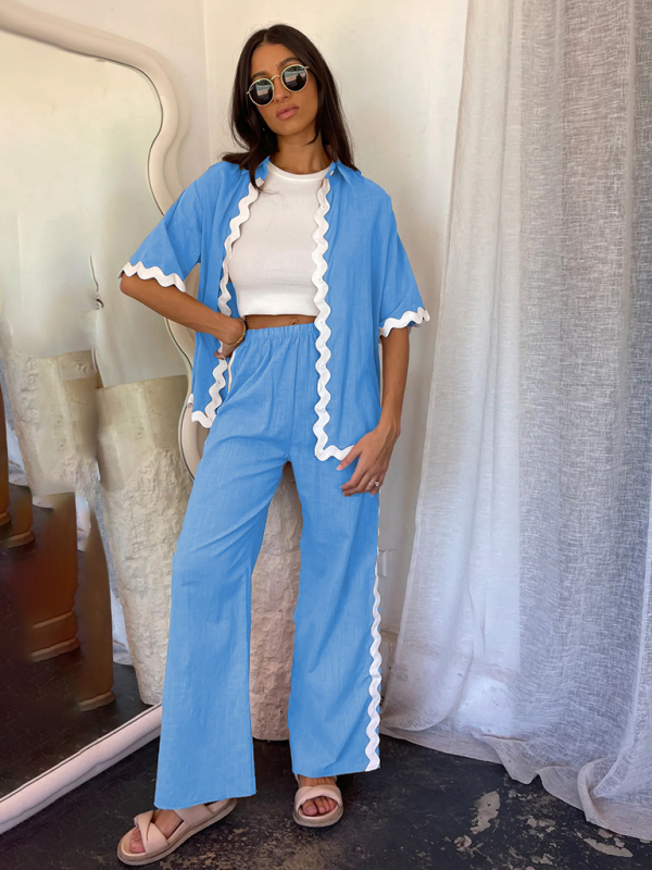 New style comfortable and casual single-breasted lace splicing trousers and shirt suit-chiquechics