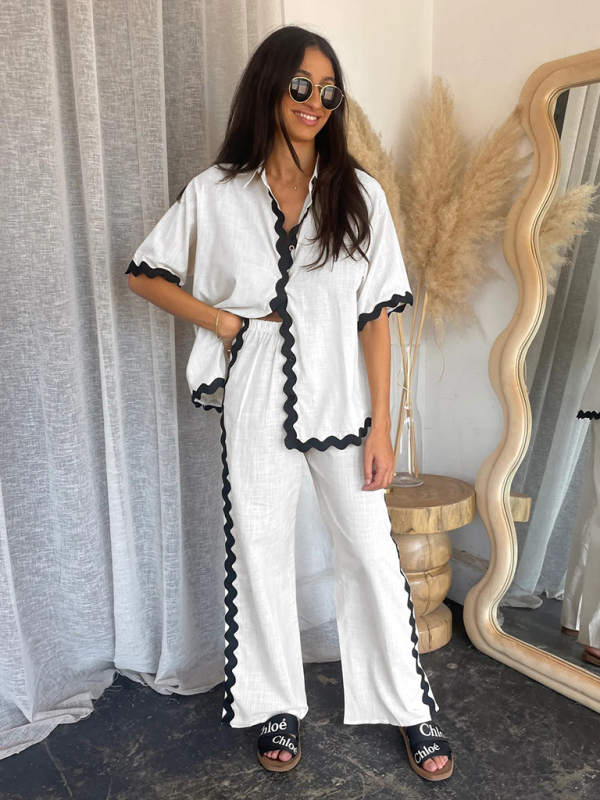 New style comfortable and casual single-breasted lace splicing trousers and shirt suit-chiquechics