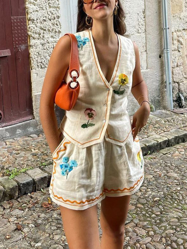 New sleeveless printed vest suit casual loose vacation two-piece set-chiquechics