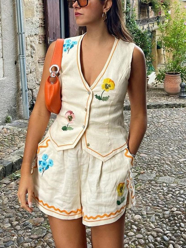 New sleeveless printed vest suit casual loose vacation two-piece set-chiquechics