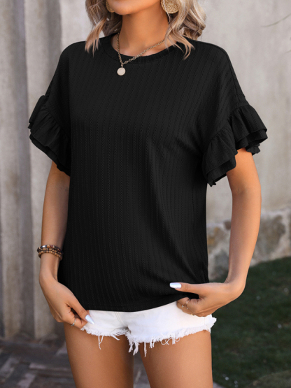 New solid color round neck ruffle sleeve short sleeve T-shirt top-chiquechics