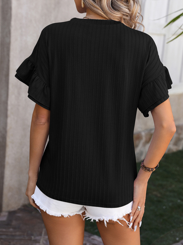 New solid color round neck ruffle sleeve short sleeve T-shirt top-chiquechics