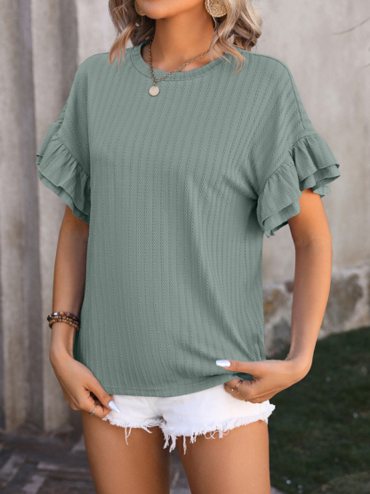 New solid color round neck ruffle sleeve short sleeve T-shirt top-chiquechics