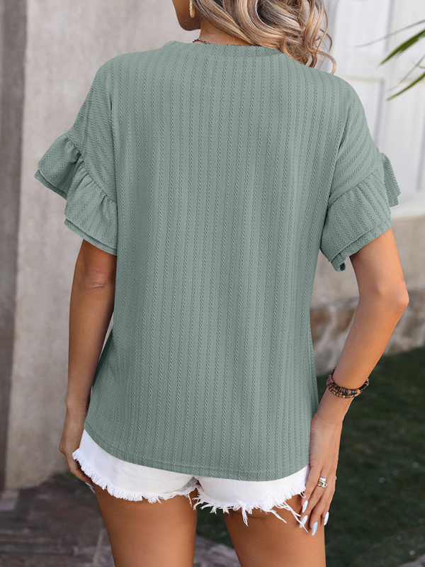 New solid color round neck ruffle sleeve short sleeve T-shirt top-chiquechics