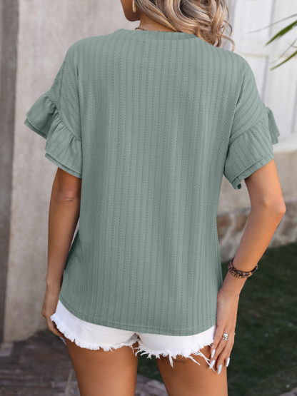 New solid color round neck ruffle sleeve short sleeve T-shirt top-chiquechics