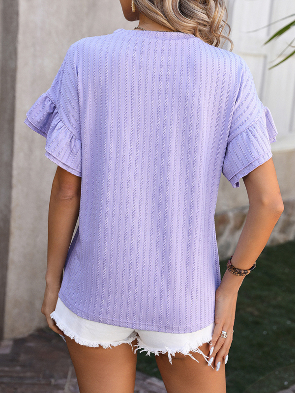 New solid color round neck ruffle sleeve short sleeve T-shirt top-chiquechics
