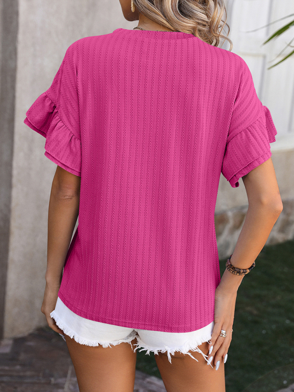 New solid color round neck ruffle sleeve short sleeve T-shirt top-chiquechics