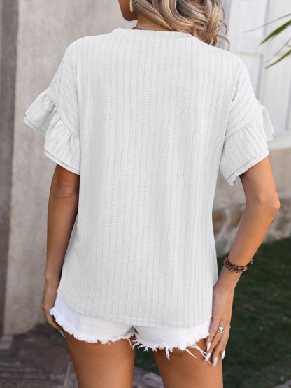 New solid color round neck ruffle sleeve short sleeve T-shirt top-chiquechics
