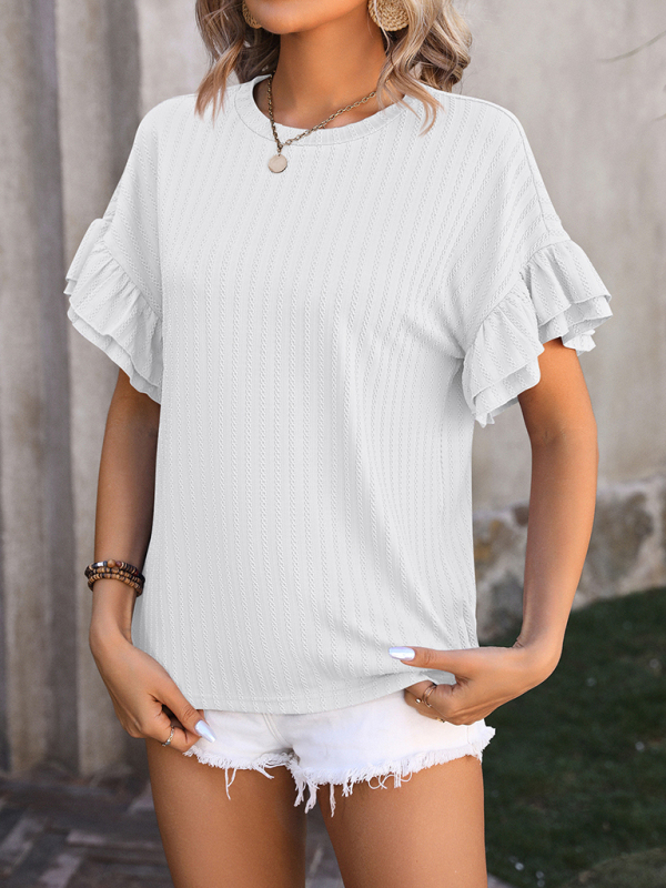 New solid color round neck ruffle sleeve short sleeve T-shirt top-chiquechics