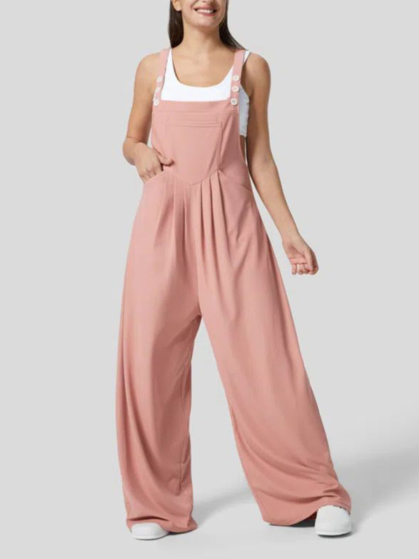 New loose solid color button pocket overalls-chiquechics
