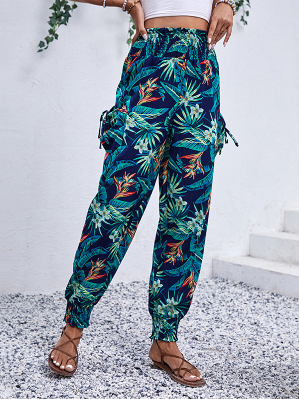 New style casual work pants pocket tropical print leggings trousers-chiquechics