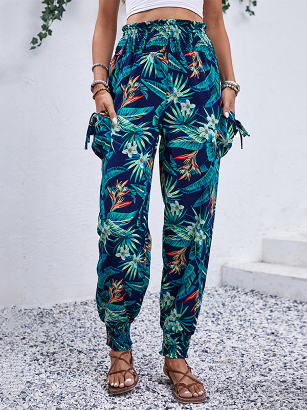 New style casual work pants pocket tropical print leggings trousers-chiquechics