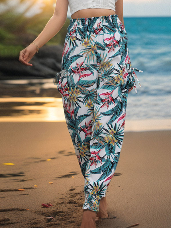 New style casual work pants pocket tropical print leggings trousers-chiquechics
