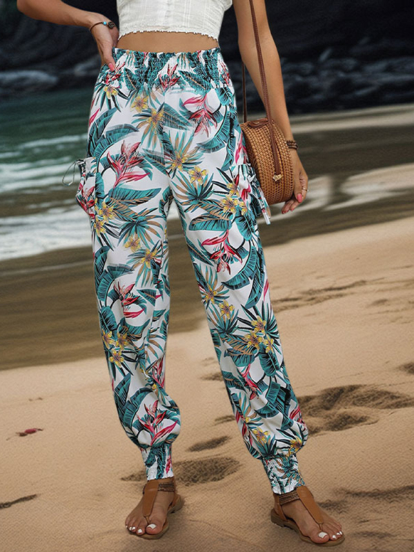 New style casual work pants pocket tropical print leggings trousers-chiquechics