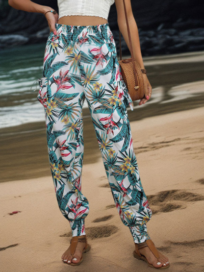 New style casual work pants pocket tropical print leggings trousers-chiquechics