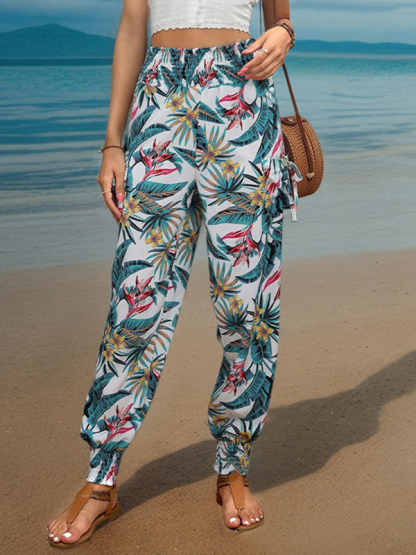 New style casual work pants pocket tropical print leggings trousers-chiquechics