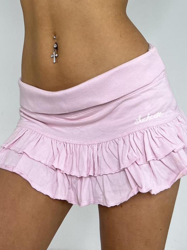 Sexy cuffed low-waist small letter embroidered ruffle skirt sweet hottie sports cake culottes-chiquechics