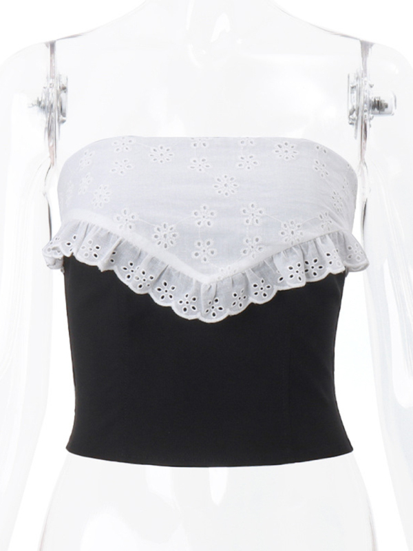 New design niche crochet pattern hollow contrast color outer wear tube top vest-chiquechics