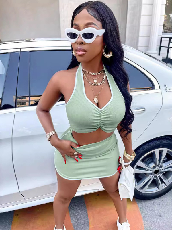 New solid color V-neck halterneck casual top and skirt suit-chiquechics