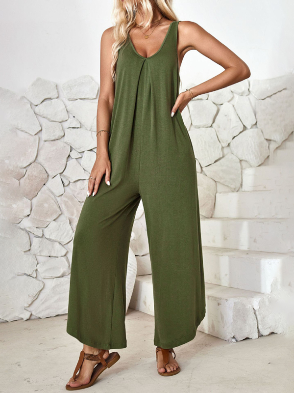 Casual sleeveless V-neck wide-leg jumpsuit with pockets-chiquechics