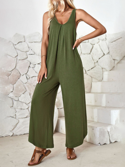 Casual sleeveless V-neck wide-leg jumpsuit with pockets-chiquechics