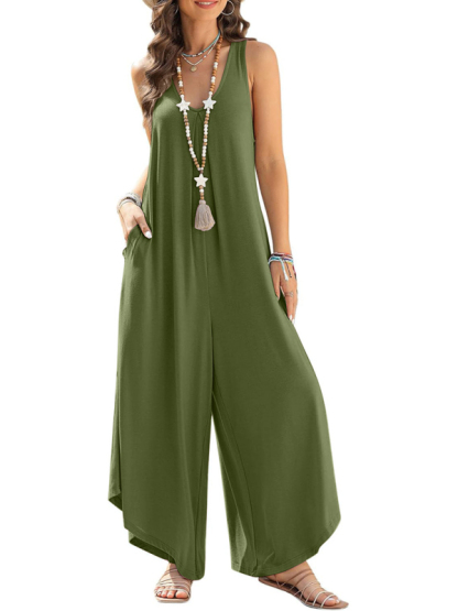 Casual sleeveless V-neck wide-leg jumpsuit with pockets-chiquechics