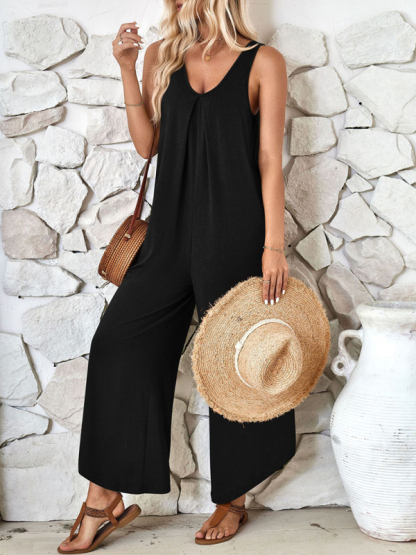 Casual sleeveless V-neck wide-leg jumpsuit with pockets-chiquechics