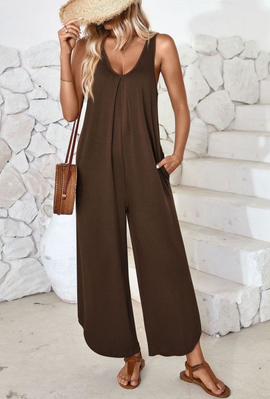 Casual sleeveless V-neck wide-leg jumpsuit with pockets-chiquechics
