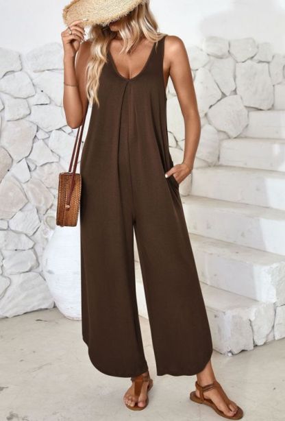 Casual sleeveless V-neck wide-leg jumpsuit with pockets-chiquechics