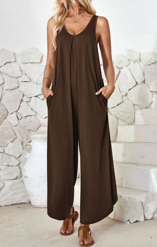 Casual sleeveless V-neck wide-leg jumpsuit with pockets-chiquechics