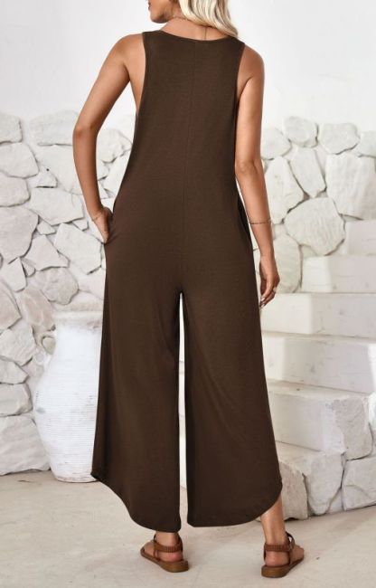 Casual sleeveless V-neck wide-leg jumpsuit with pockets-chiquechics