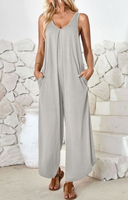 Casual sleeveless V-neck wide-leg jumpsuit with pockets-chiquechics
