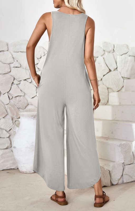 Casual sleeveless V-neck wide-leg jumpsuit with pockets-chiquechics